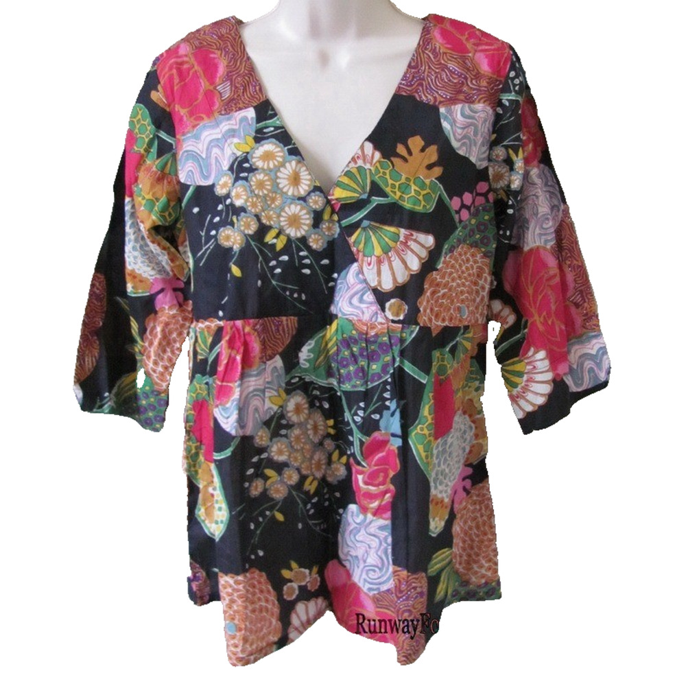 New KIKISOL KIKi SOL Womens Medium Kimono Babydoll Top Blouse Floral Flower